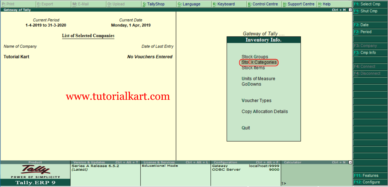 Stock categories in Tally ERP 9