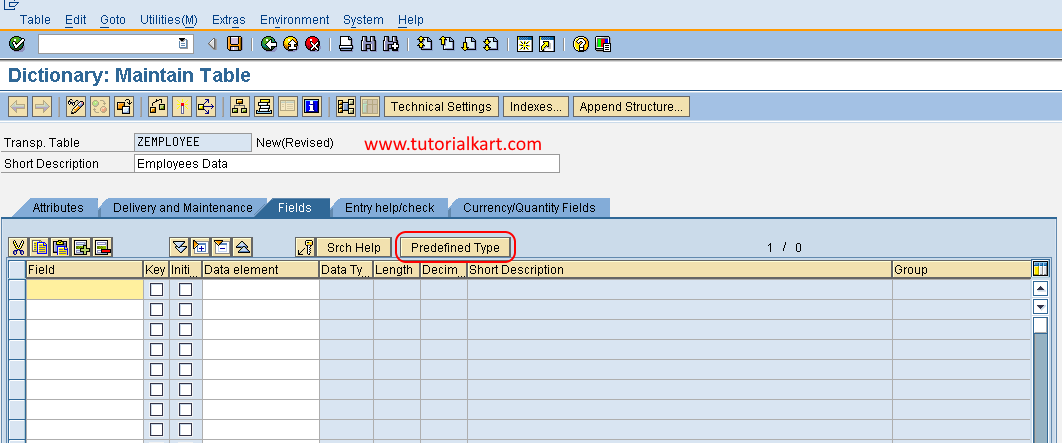 database table predefined type in sap abap