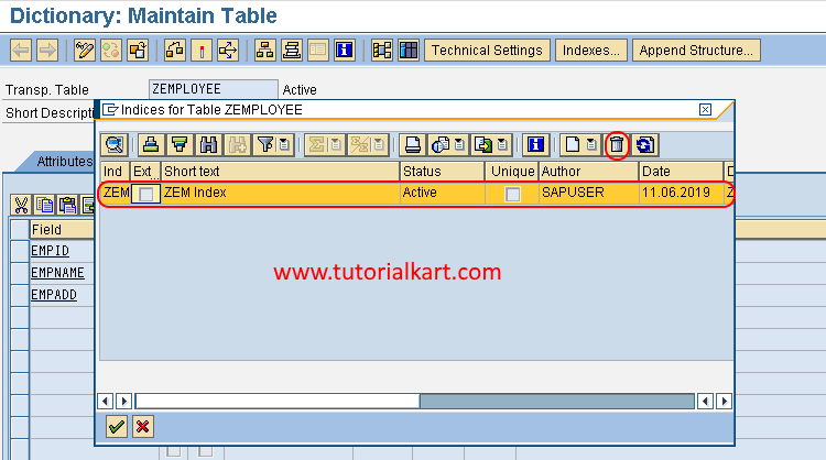 delete secondary indexes in SAP ABAP