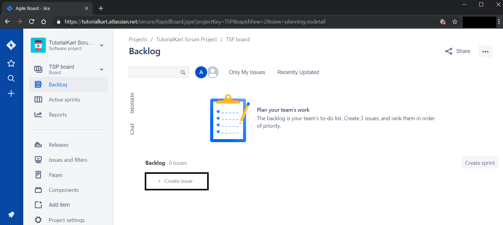 JIRA Scrum Board - Create Issue