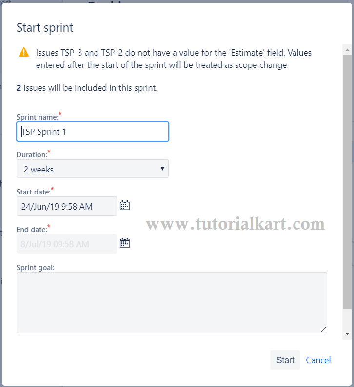 JIRA Scrum - Start Sprint - Fill Details
