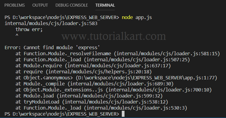 Node.js Cannot find module 'express'