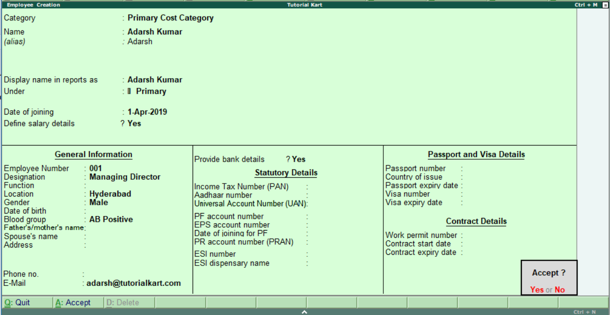 Create Employees in Tally Payroll