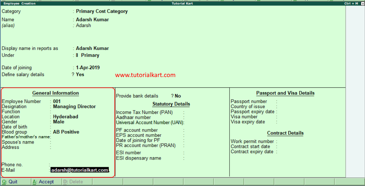 Create employee general information in Tally