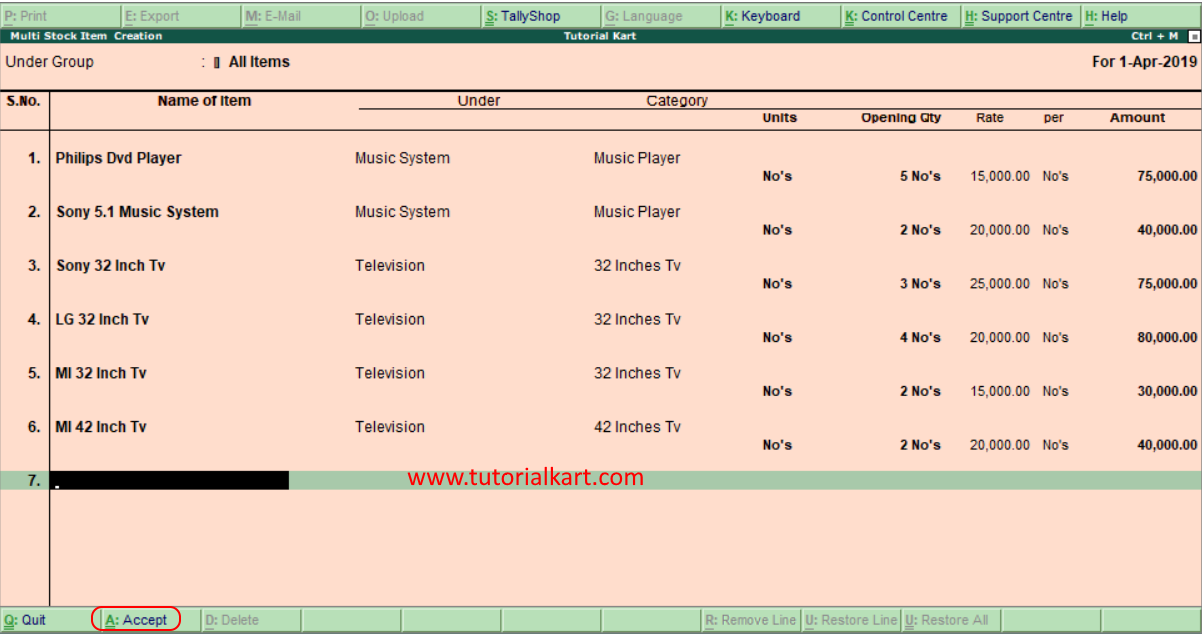 Create multiple stock items in Tally