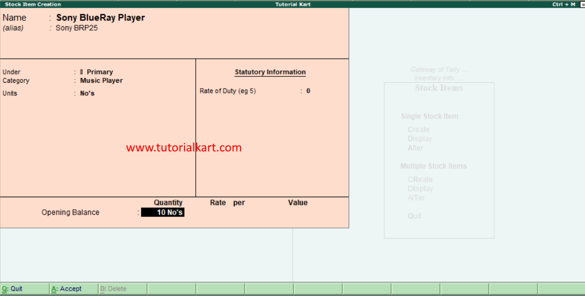 Create single stock item in tally