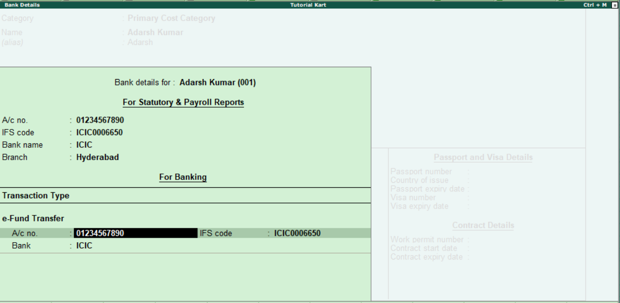 Employee bank account details in Tally