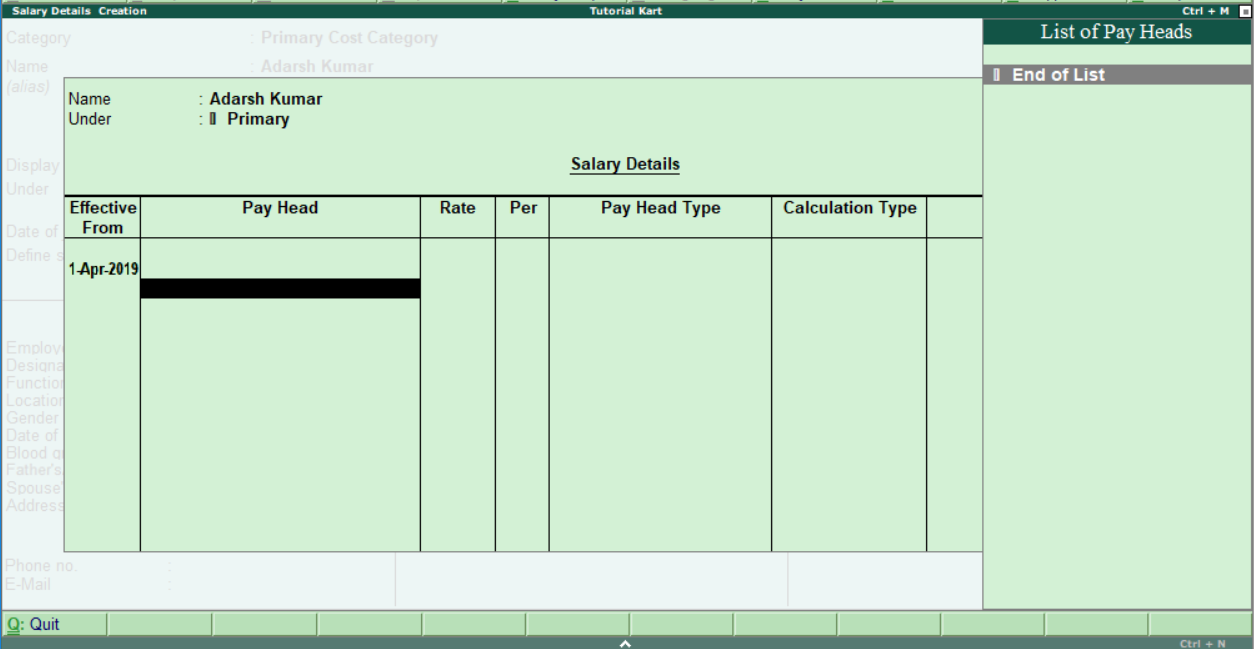 Employee salary details screen in Tally