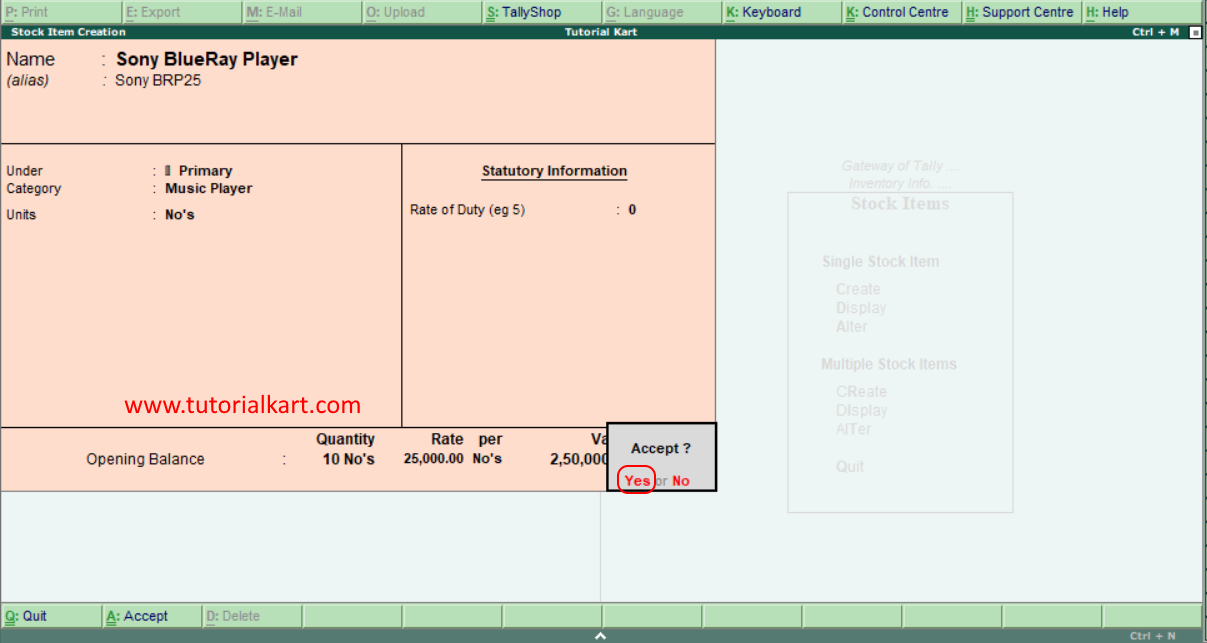 How to create single stock item in Tally