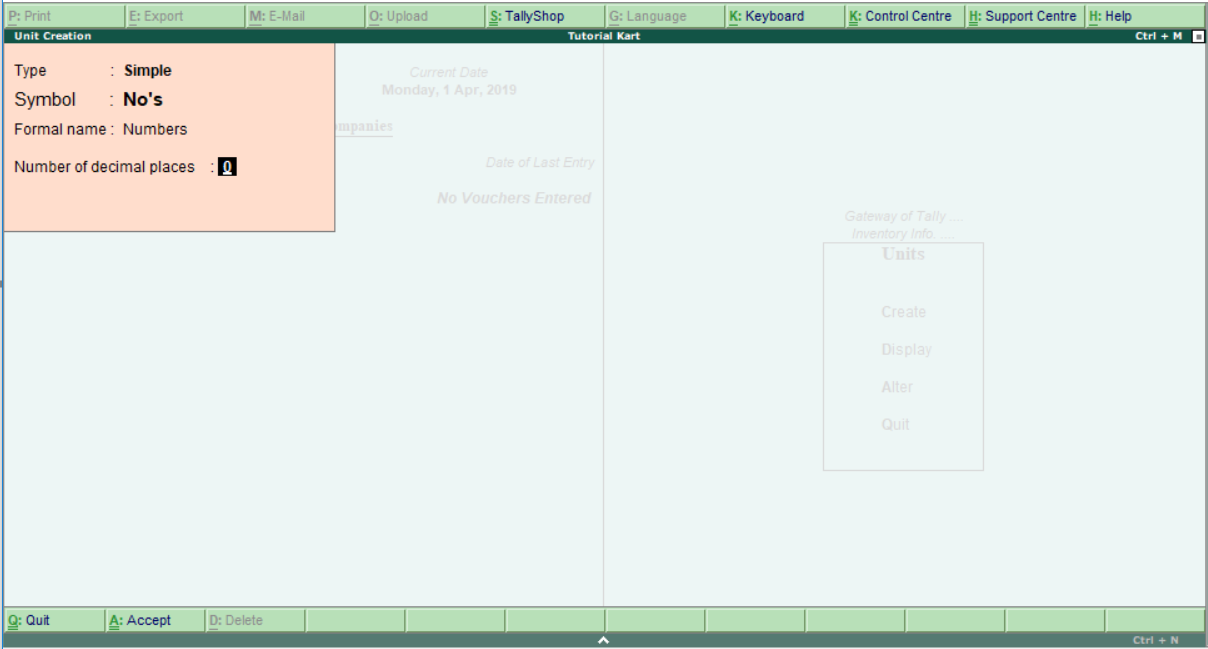 Unit creation in tally ERP 9