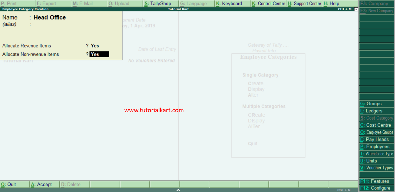employee category creation in Tally