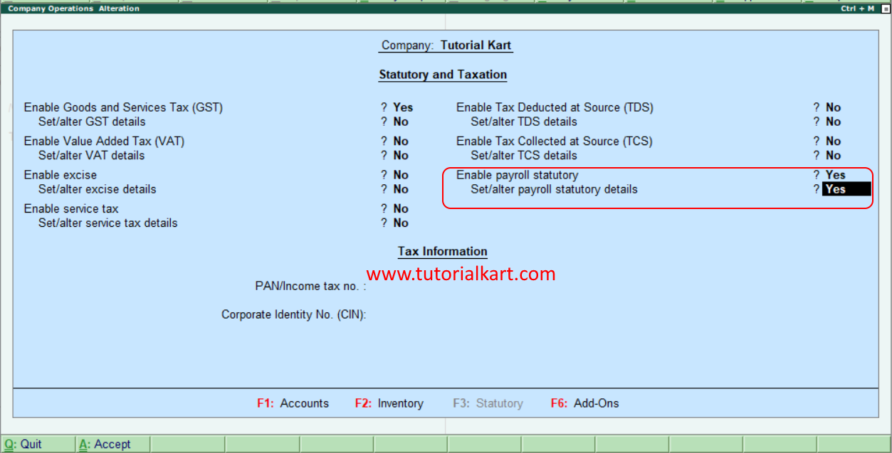 enable payroll statutory in Tally