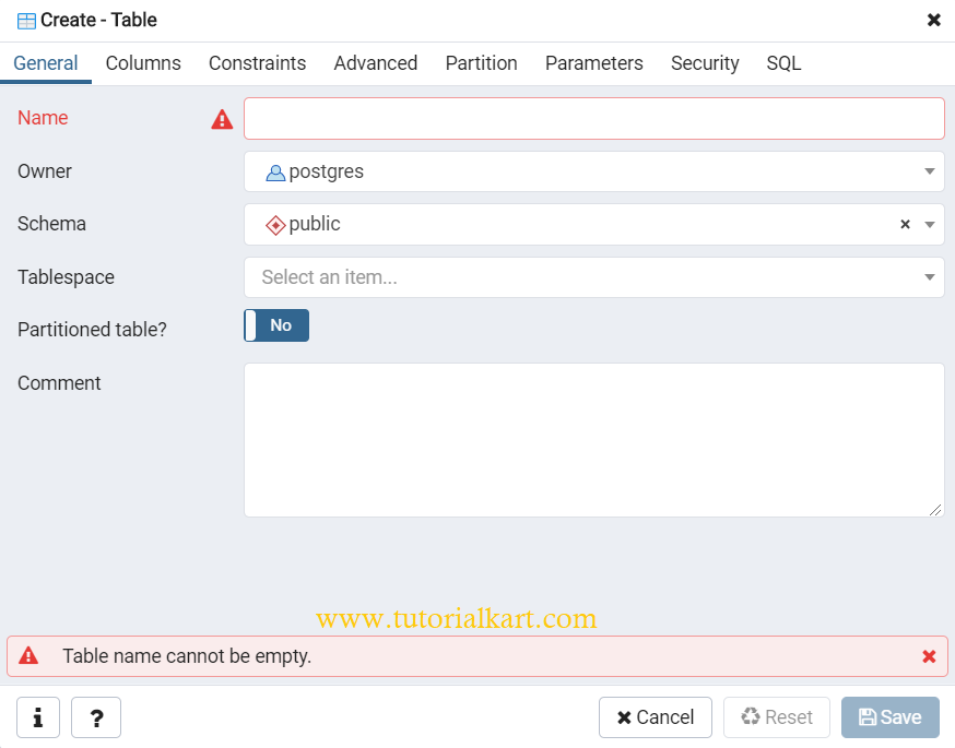 PostgreSQL CREATE TABLE GUI