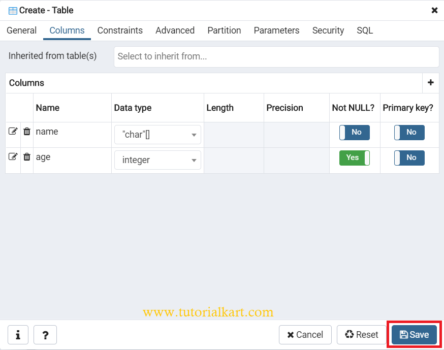 PostgreSQL CREATE TABLE