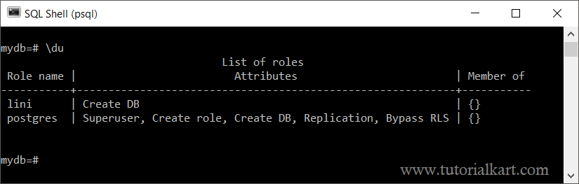 PostgreSQL - Output of Create User with Option CREATEDB