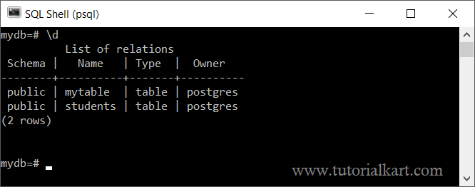 psql command - describe available relations