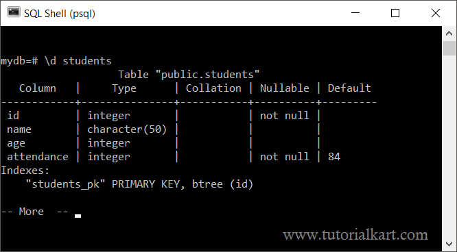 psql command - describe relation