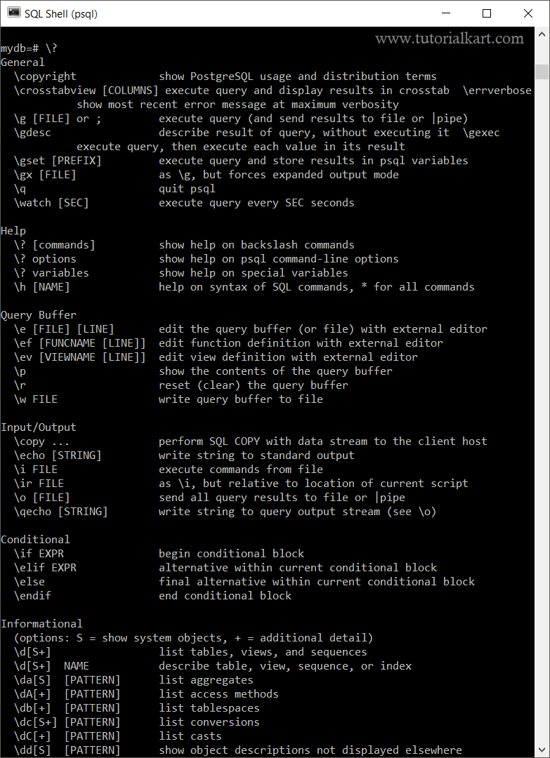 psql command \? - list of commands