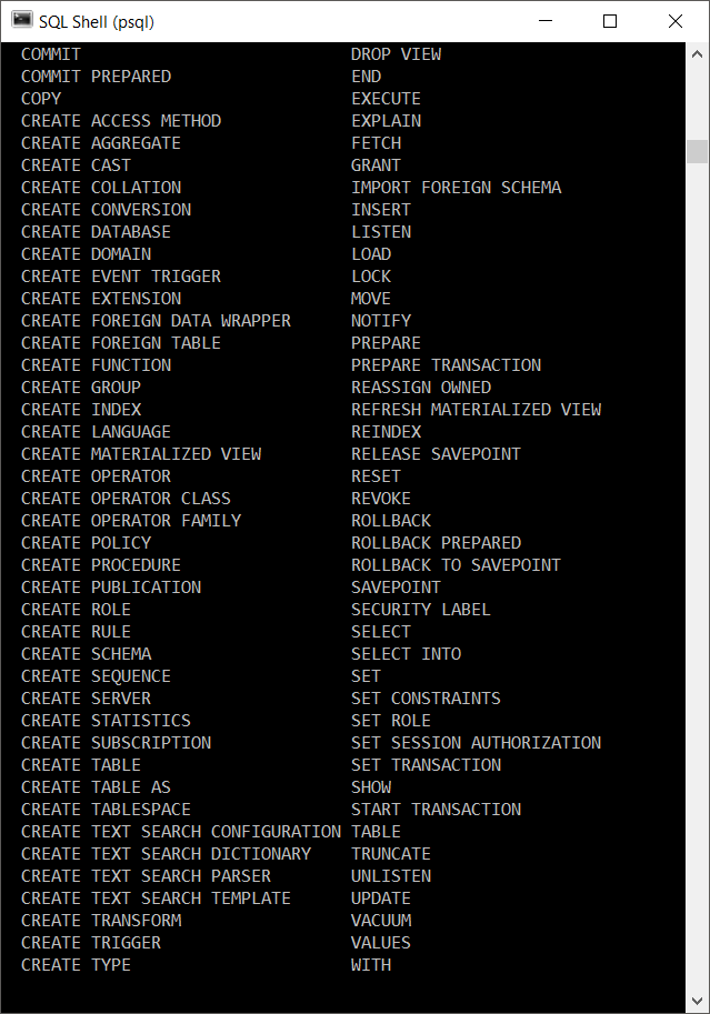 psql commands - sql syntax help