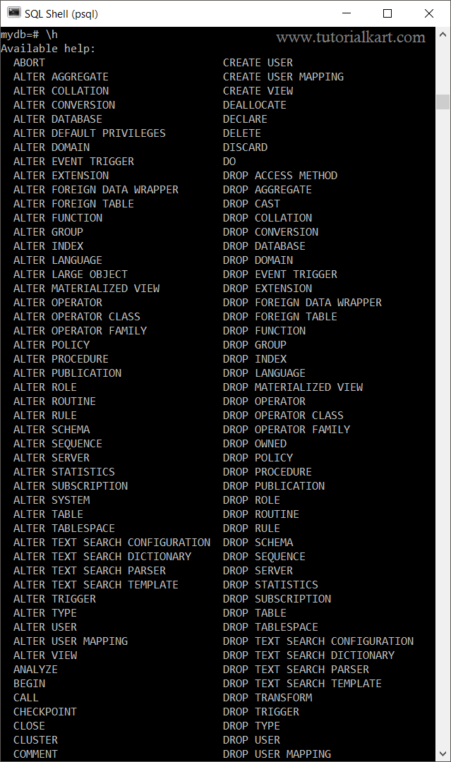 psql commands - sql syntax help