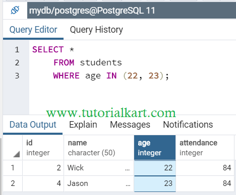 PostgreSQL WHERE with IN operator