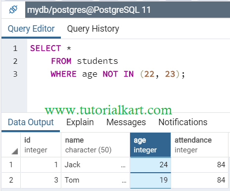 PostgreSQL WHERE with NOT IN operator