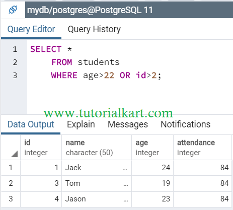 PostgreSQL WHERE with OR operator