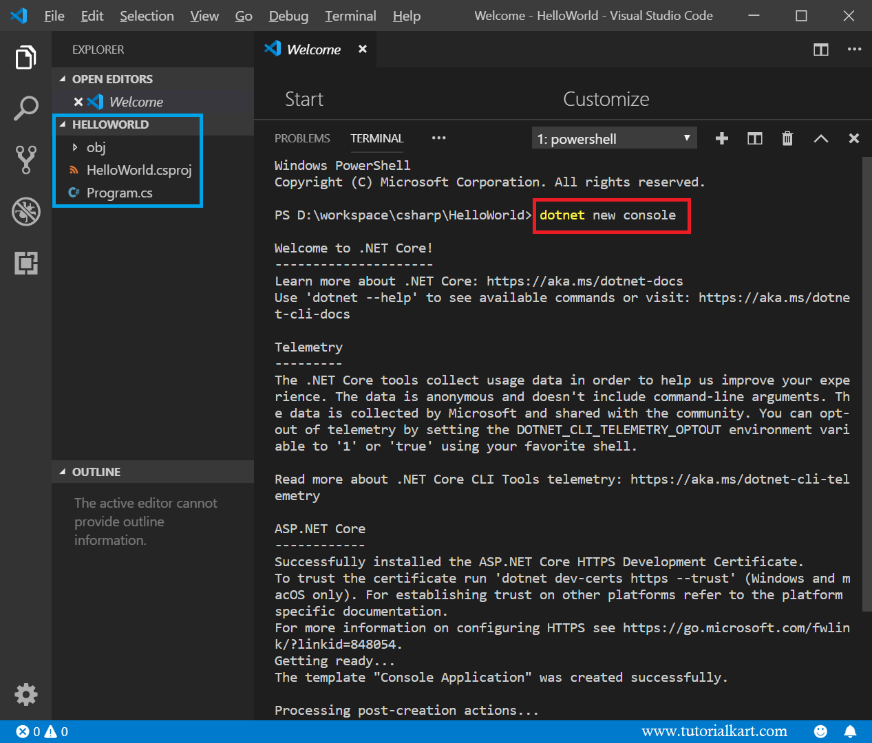 Visual Studio Code - Create C# Project - Terminal Command - dotnet new console