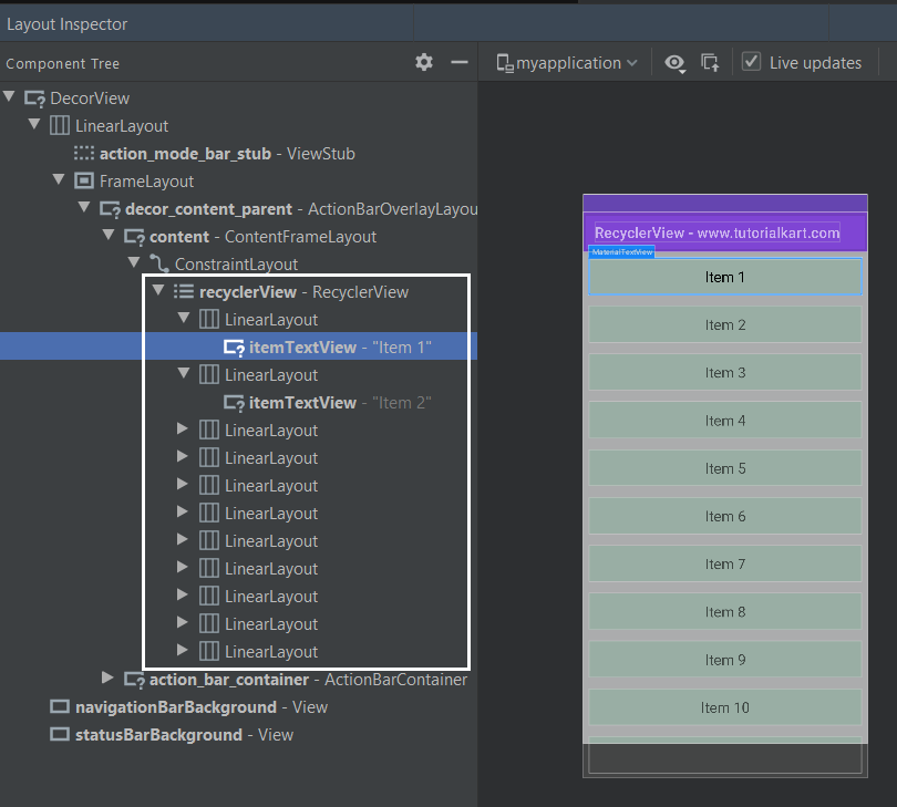 Android RecyclerView - Layout Inspector