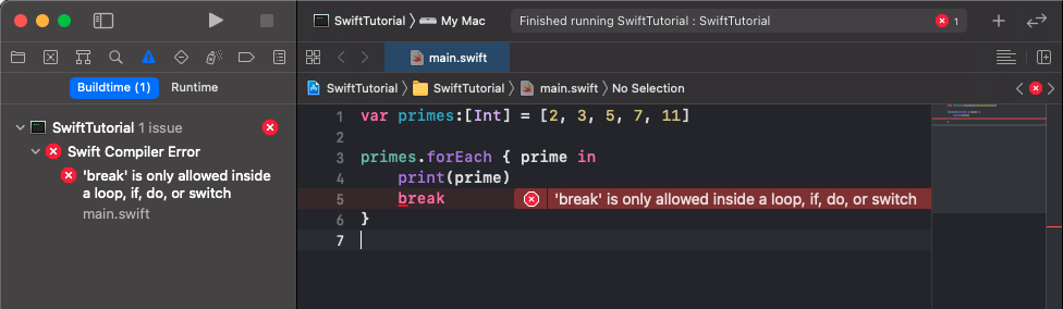 Break inside Swift forEach raises Compiler Error during Buildtime