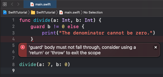 Swift guard statement - use return or throw to exit the scope