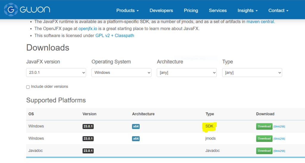 JavaFX SDK Download - Choosing OS and Architecture