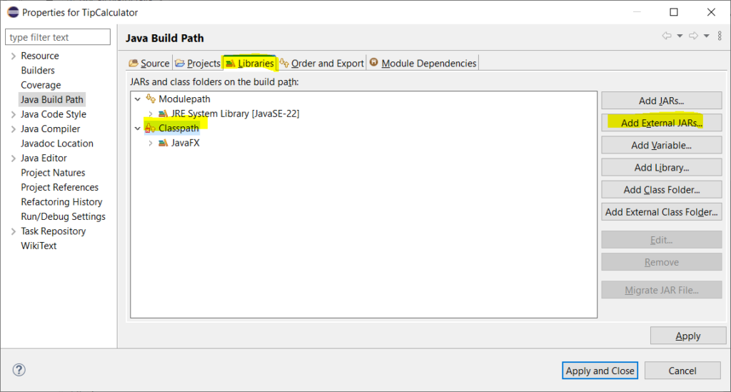 Configuring Build Path for JavaFX Tip Calculator