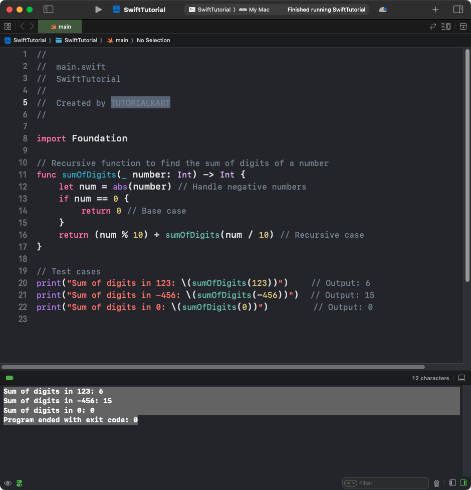 Swift - Find Sum of Digits of a Number using Recursion