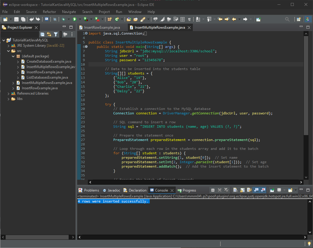 Java mysql insert row s step by step examples
