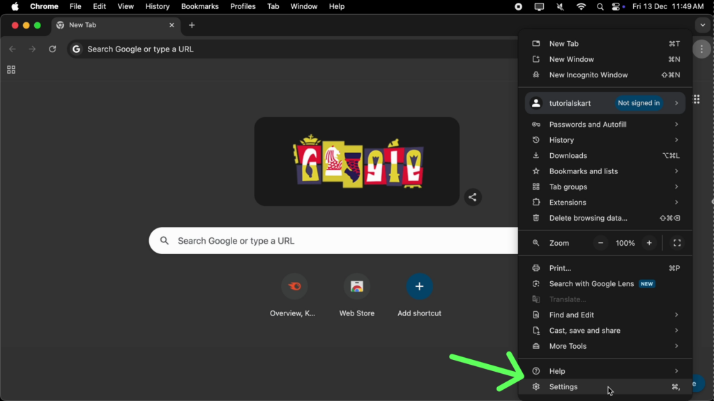 Change Your Chrome Theme: Step 2: Select Settings from the dropdown menu.