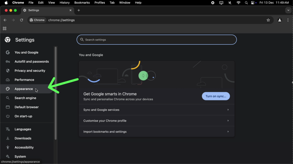 Change Your Chrome Theme: Step 3: Click on Appearance in left-side menu.