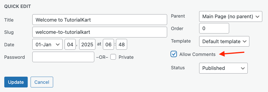 Quick Edit Options for Page