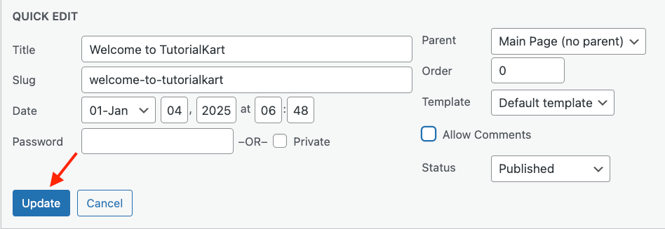 Uncheck the Allow Comments box and Update the Page in WordPress