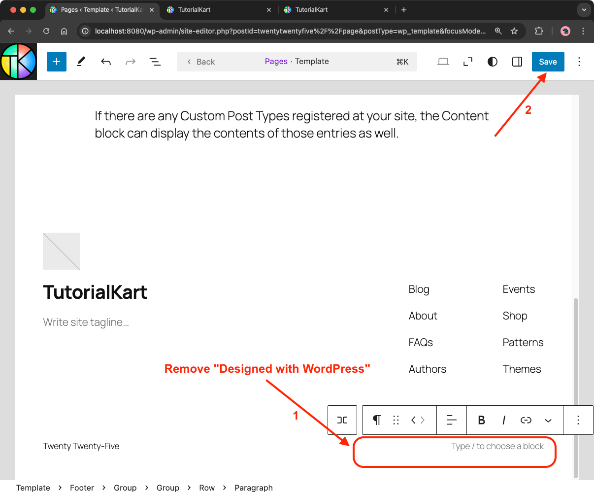Remove the 'Designed with WordPress' Text