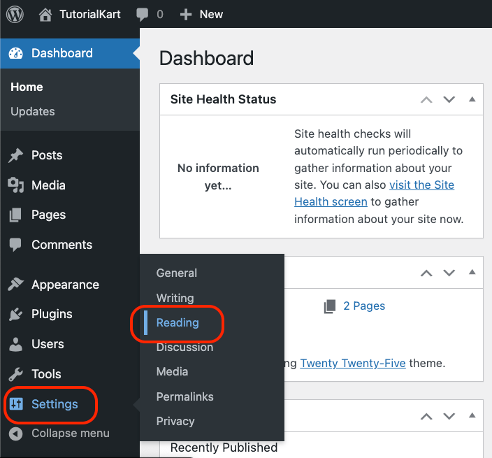 Navigate to Reading Settings in WordPress