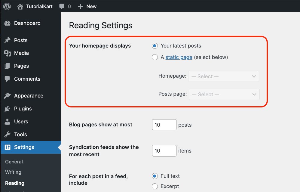 Settings to set a static page as homepage