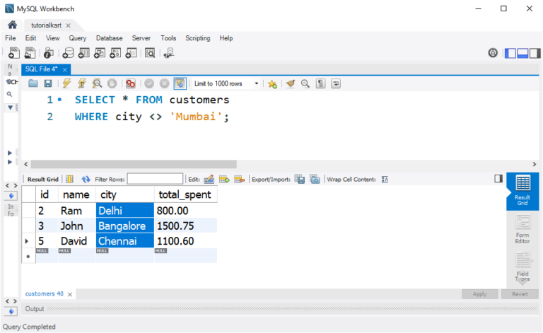 SQL NOT EQUAL Operator (!= or )