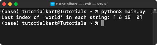 NumPy strings.rindex() - Last Occurrence of Search String