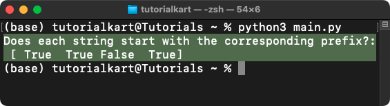 NumPy strings.startswith() - If Starts With Specific Prefix