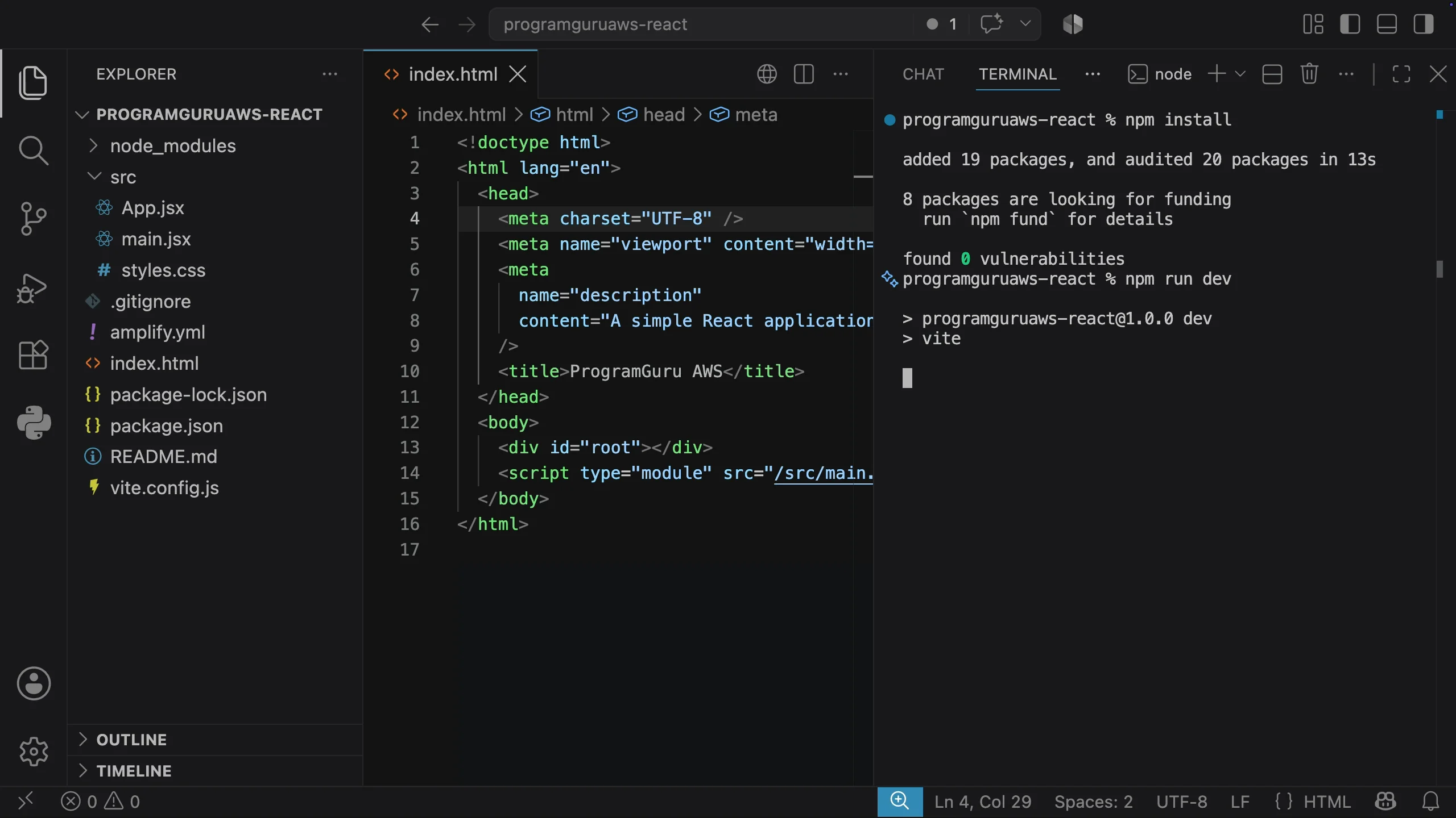 React project opened in Visual Studio Code before deploying with AWS Amplify