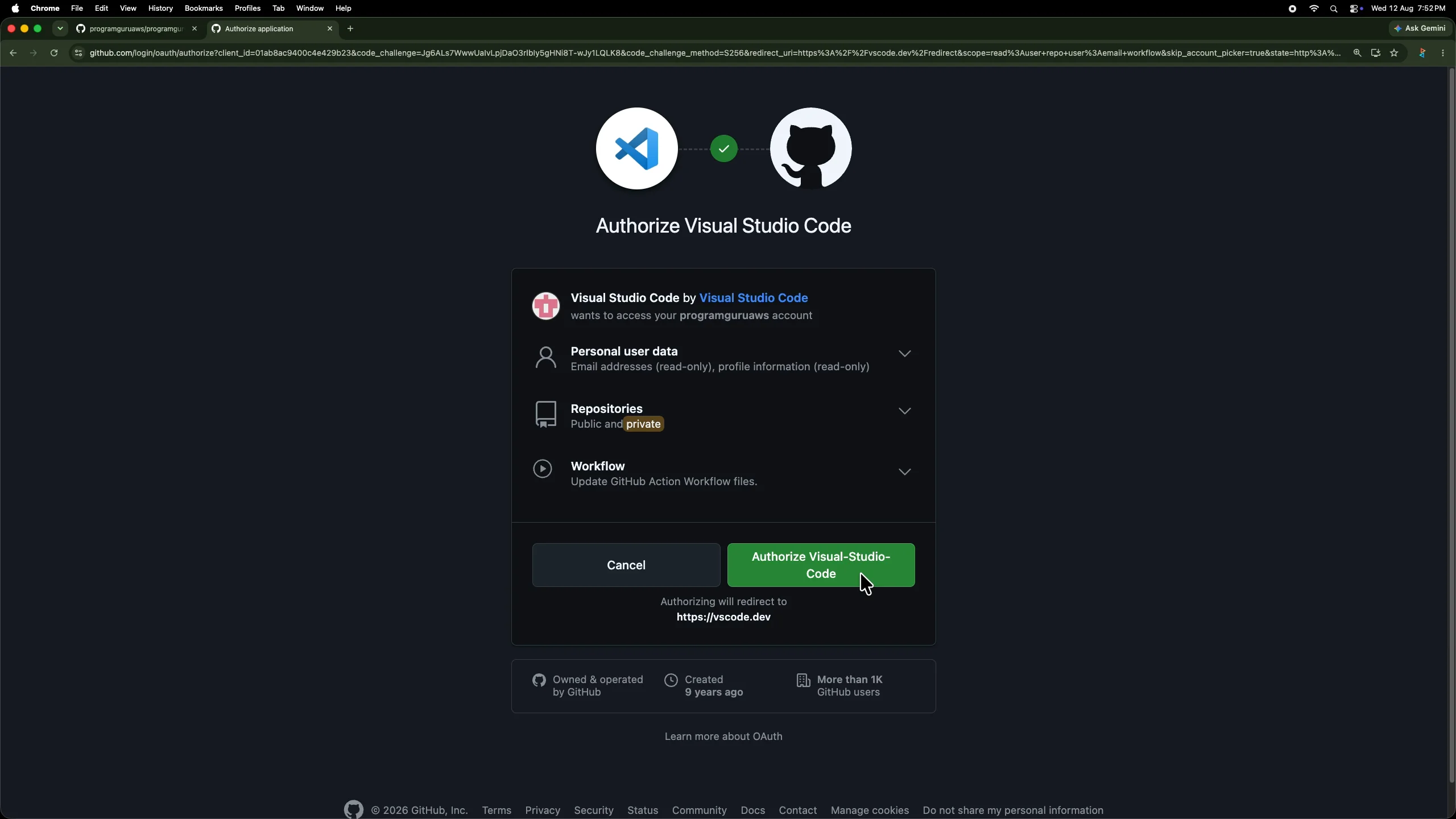 GitHub authorization page for Visual Studio Code