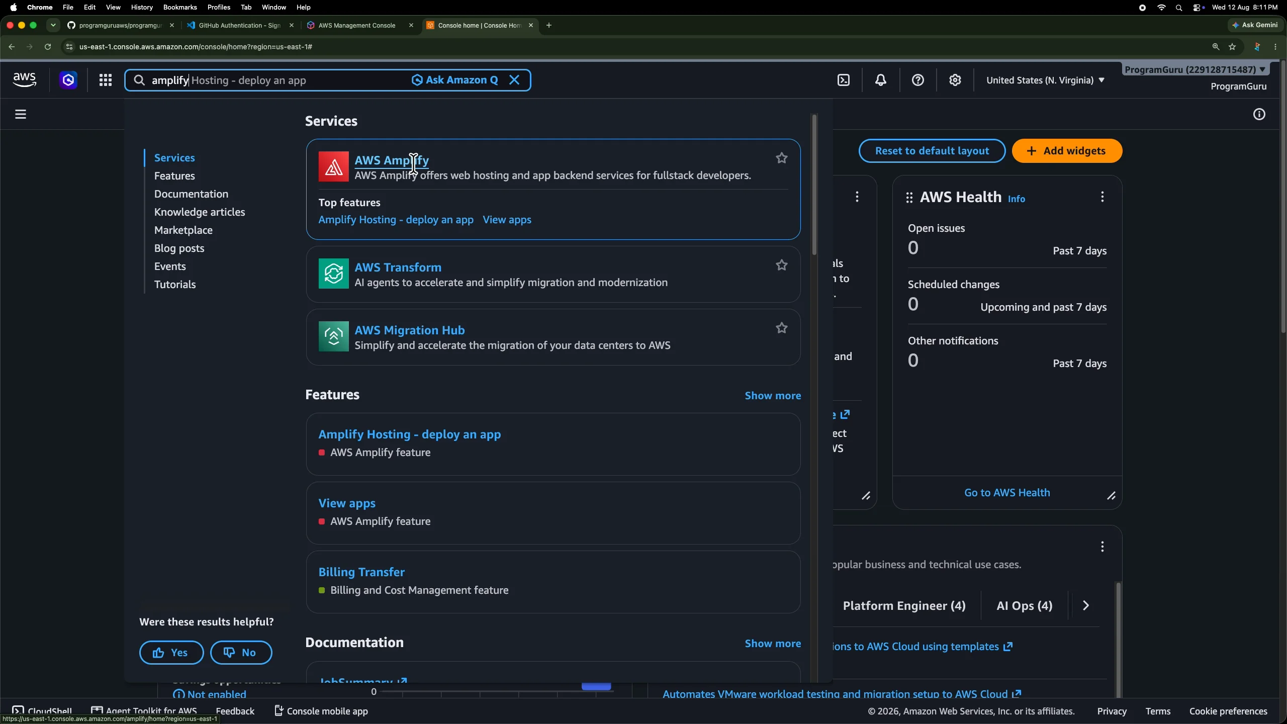 Searching for AWS Amplify in the AWS Management Console