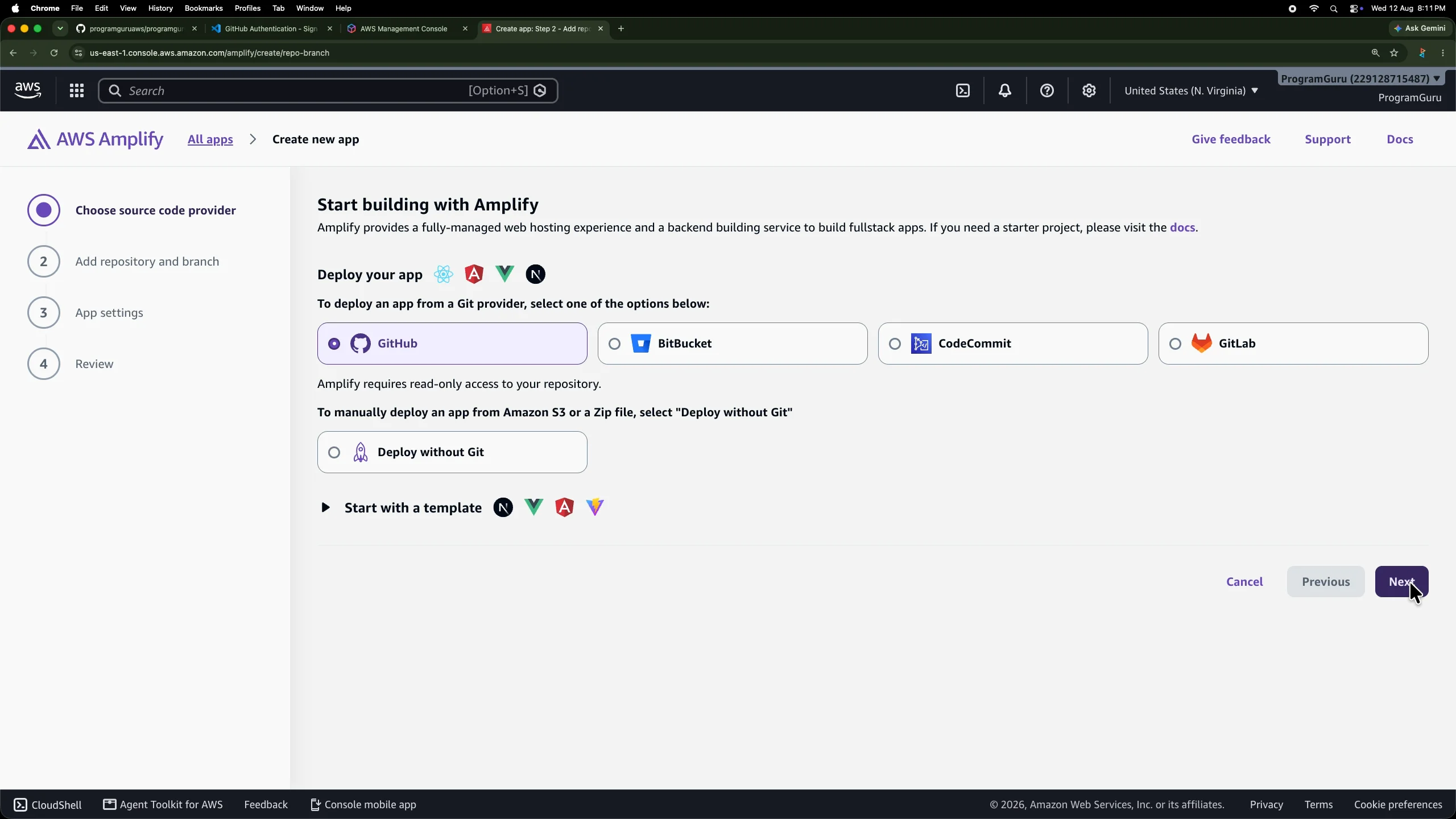 Selecting GitHub as the source code provider in AWS Amplify
