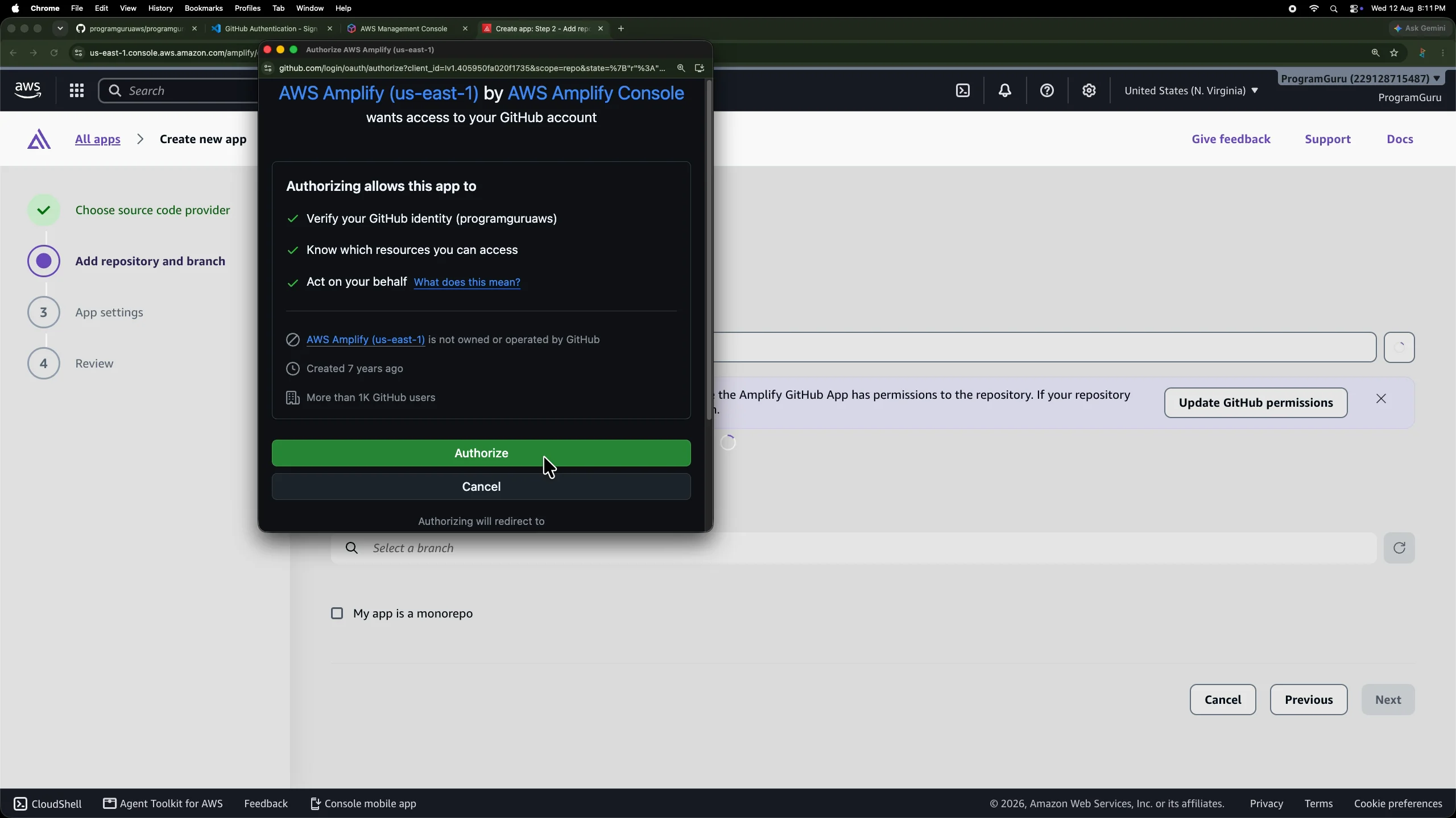 GitHub authorization request for AWS Amplify